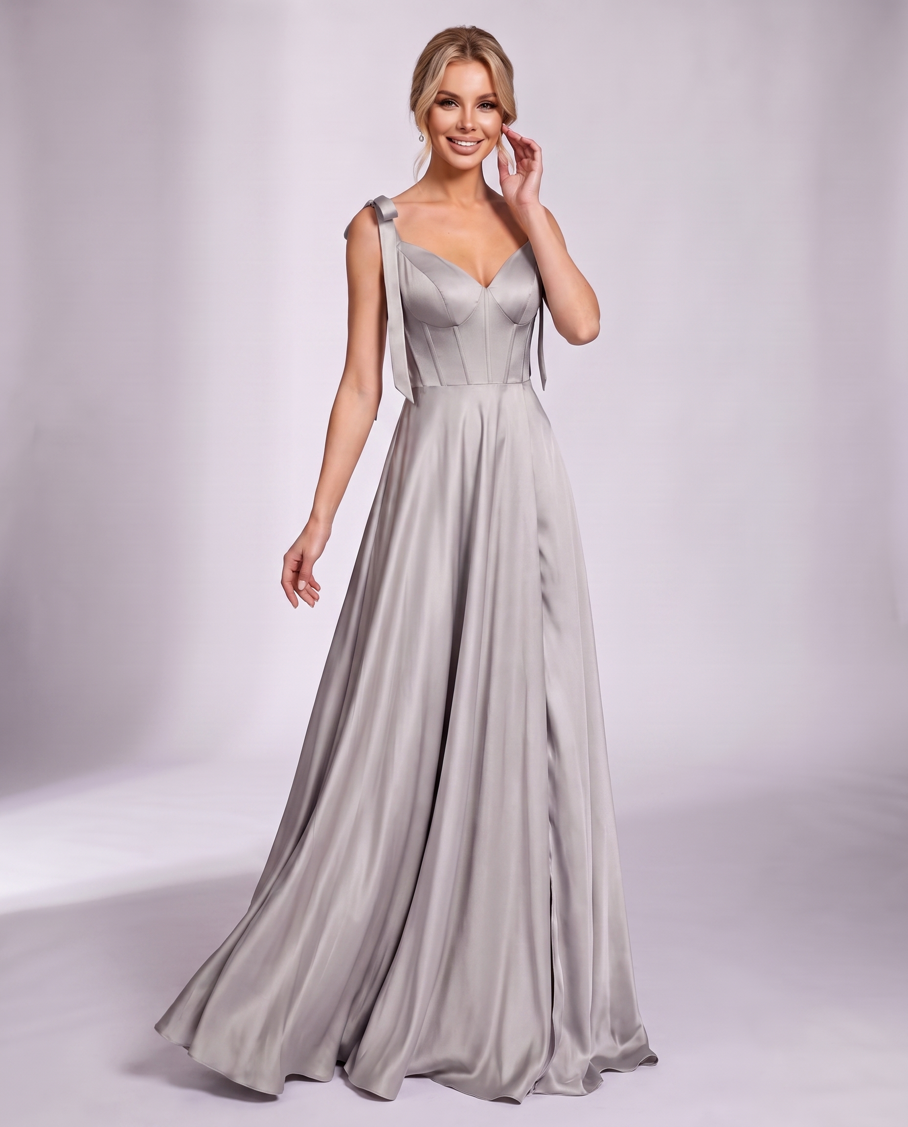 Lurelle Satin Sleeveless V-Neck A-Line Maxi Dress with Corset Bodice, Slit & Pockets for Party, Cocktail, Evening & Wedding G