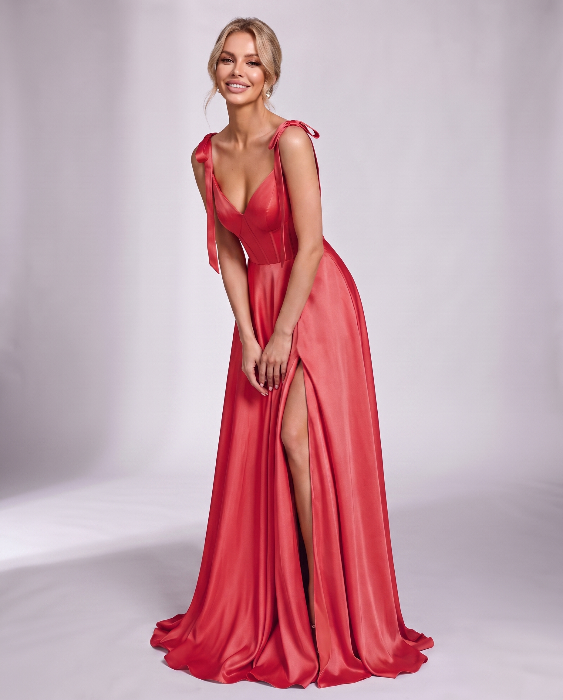 Lurelle Satin Sleeveless V-Neck A-Line Maxi Dress with Corset Bodice, Slit & Pockets for Party, Cocktail, Evening & Wedding G