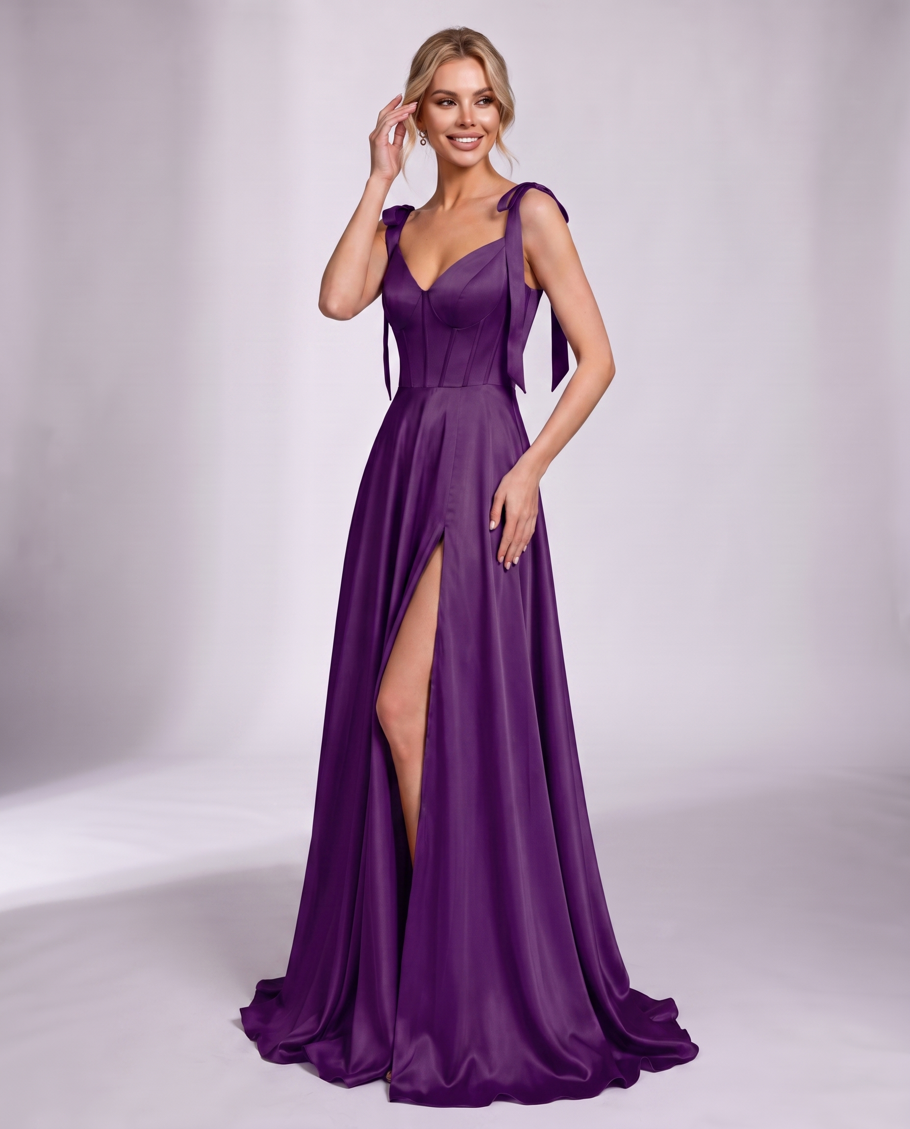 Lurelle Satin Sleeveless V-Neck A-Line Maxi Dress with Corset Bodice, Slit & Pockets for Party, Cocktail, Evening & Wedding G