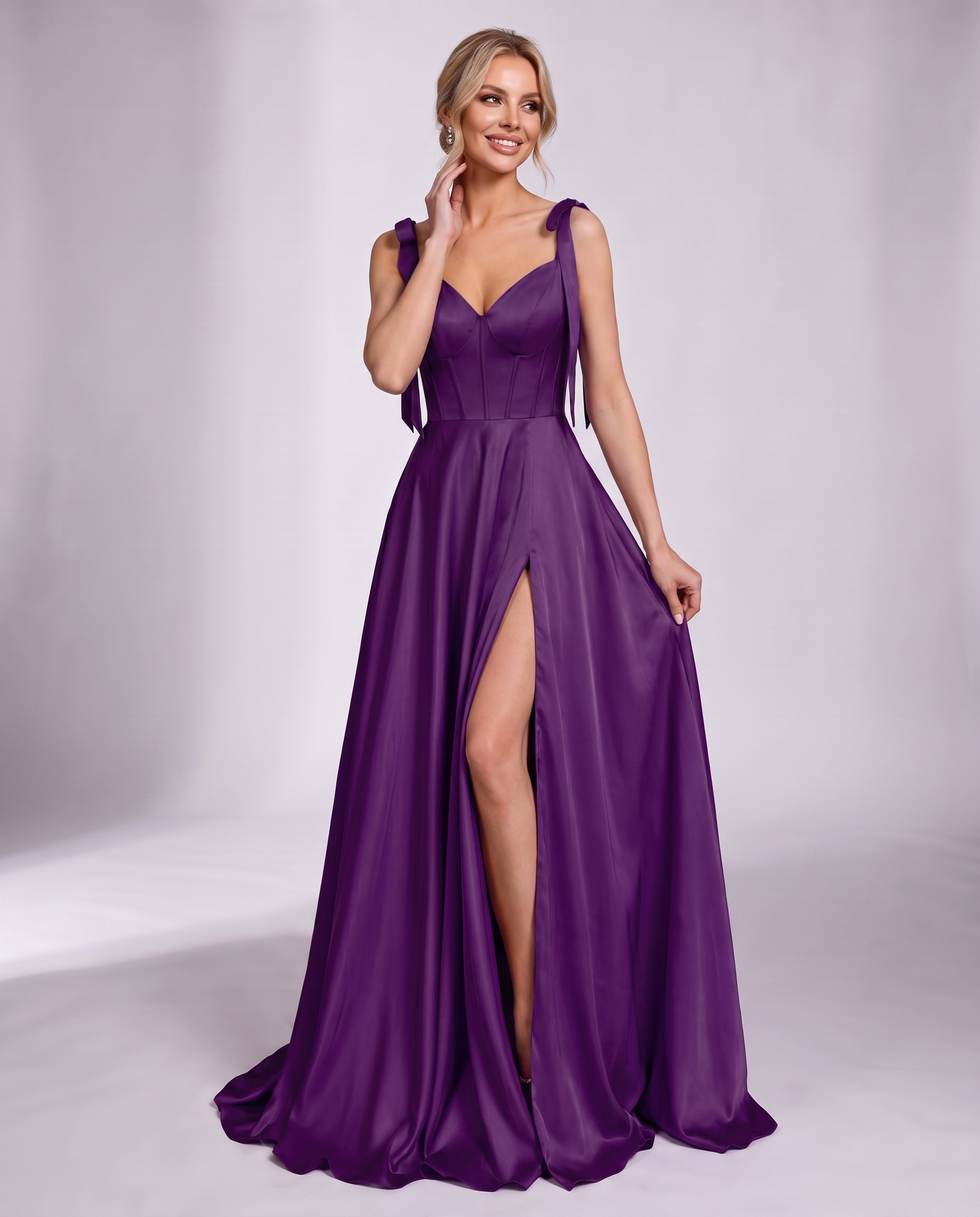 Lurelle Satin Sleeveless V-Neck A-Line Maxi Dress with Corset Bodice, Slit & Pockets for Party, Cocktail, Evening & Wedding G