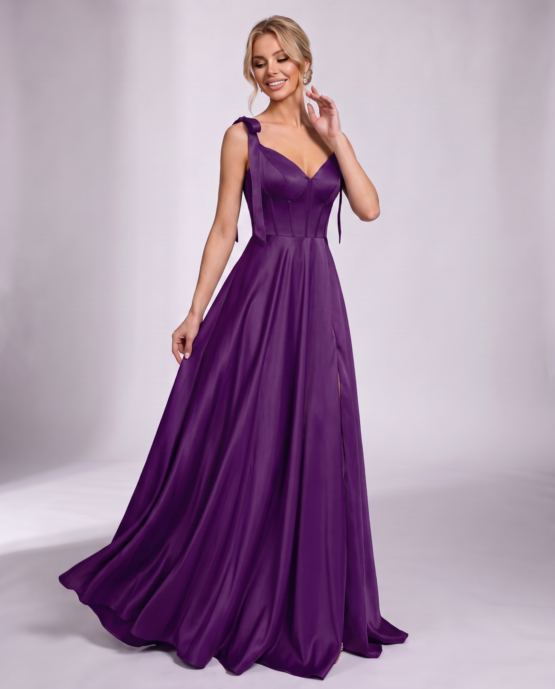 Lurelle Satin Sleeveless V-Neck A-Line Maxi Dress with Corset Bodice, Slit & Pockets for Party, Cocktail, Evening & Wedding G