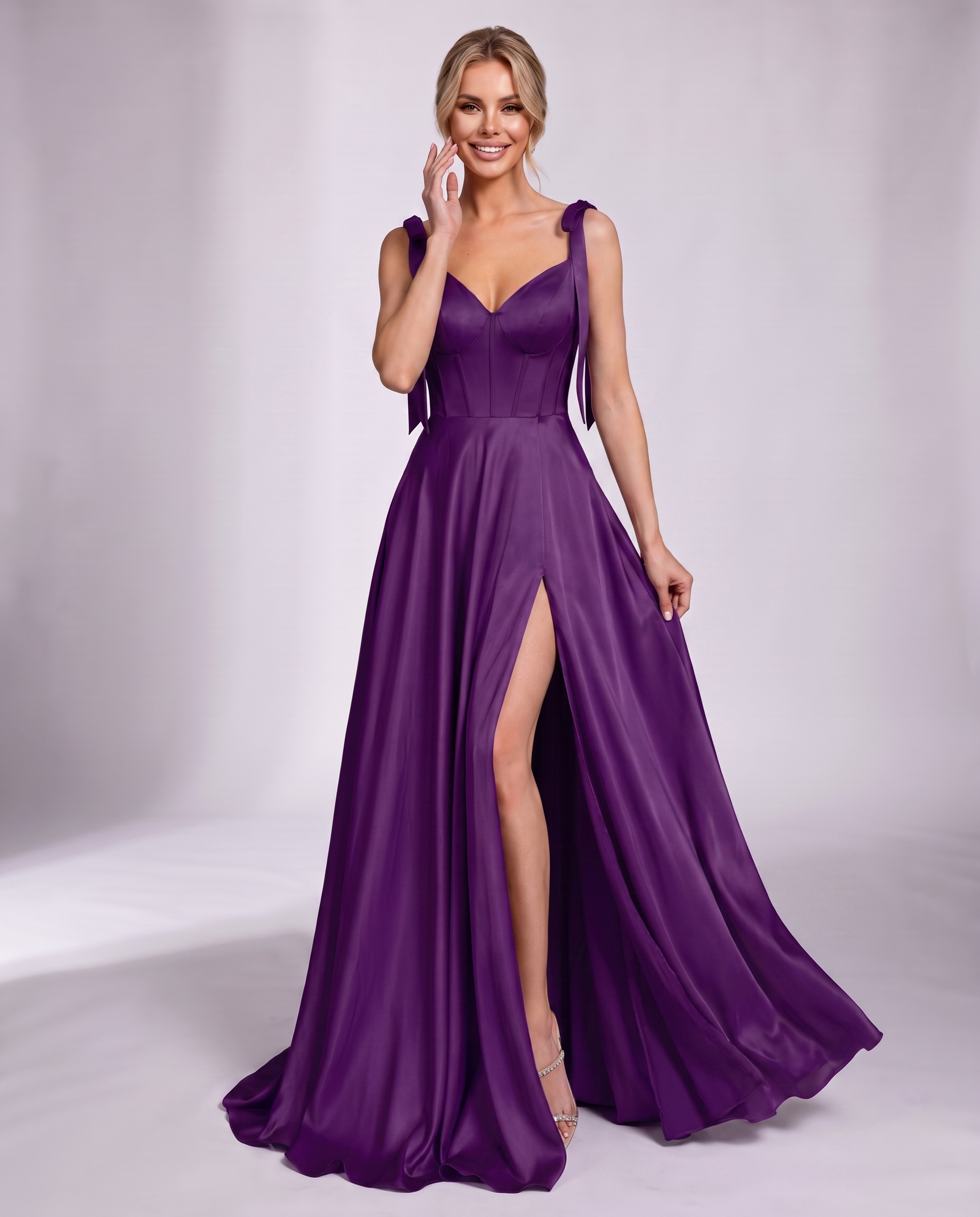 Lurelle Satin Sleeveless V-Neck A-Line Maxi Dress with Corset Bodice, Slit & Pockets for Party, Cocktail, Evening & Wedding G