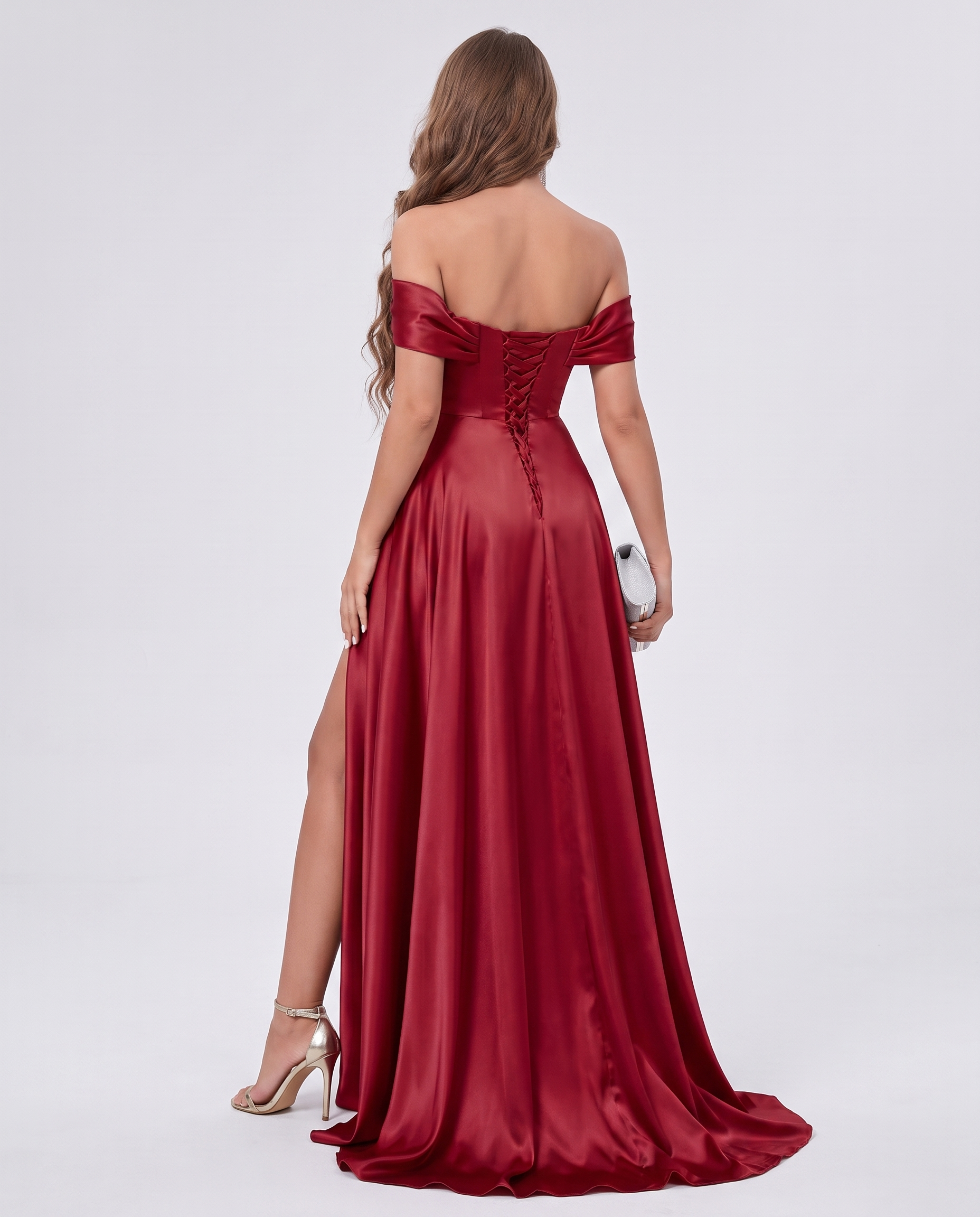 Satin Off-the-Shoulder Sweetheart A-Line Maxi Dress with Slit for Party, Cocktail, Evening, Wedding Guest, Bridesmaid & Summe