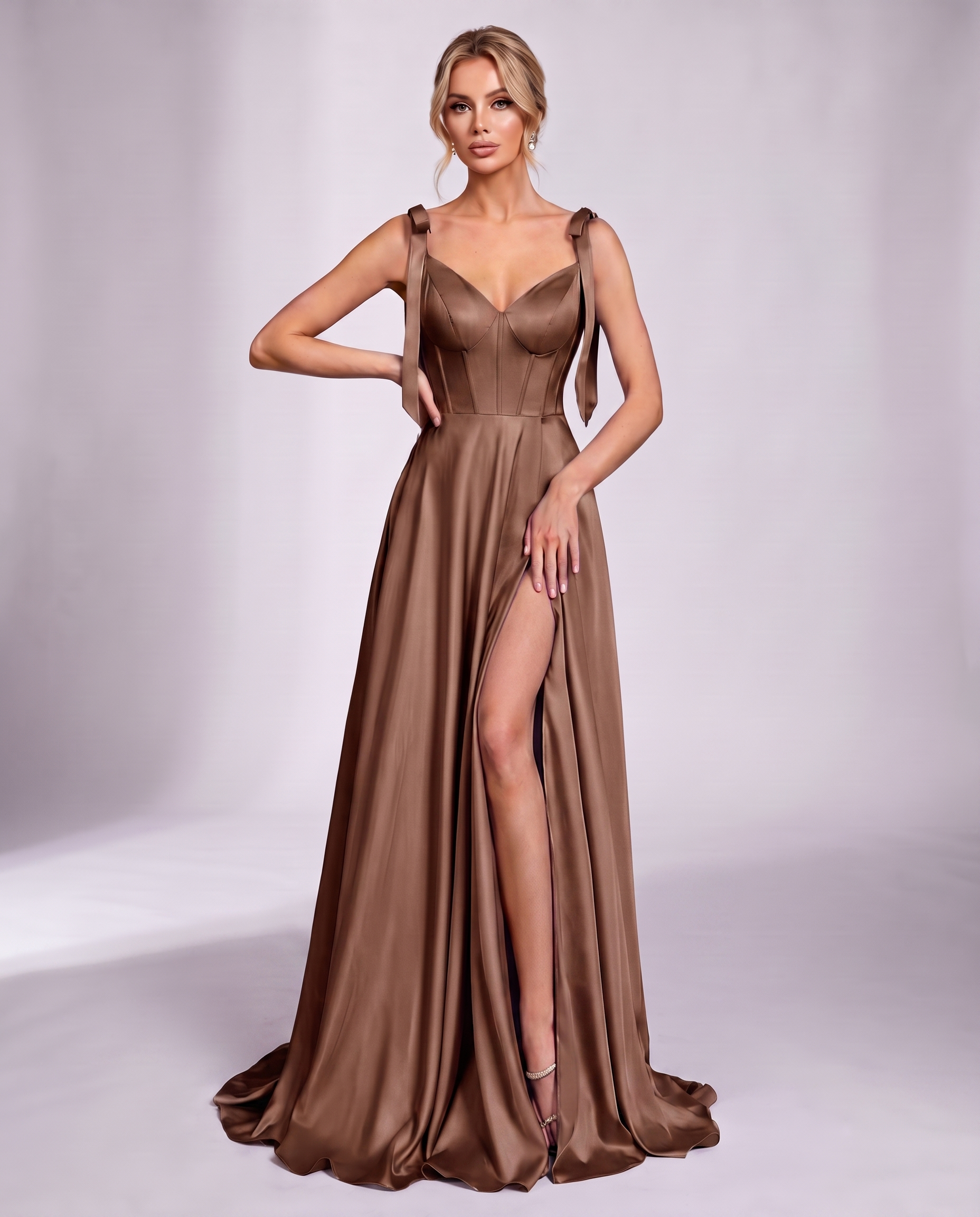 Lurelle Satin Sleeveless V-Neck A-Line Maxi Dress with Corset Bodice, Slit & Pockets for Party, Cocktail, Evening & Wedding G