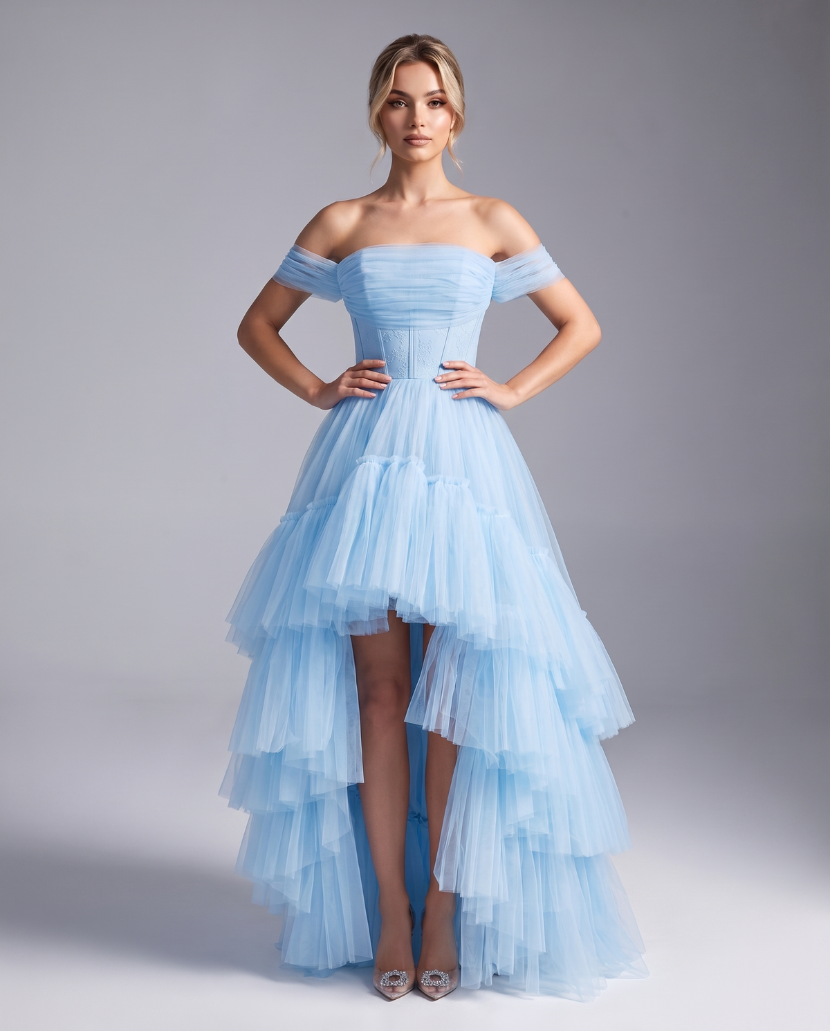 Light blue Layered Tulle Off-the-Shoulder High-Low Dress with Lace Applique | Slimona | SKU: CHD-583920471650284-LIGHTBLUE-L,CHD-583920471650284-LIGHTBLUE-M,CHD-583920471650284-LIGHTBLUE-S,CHD-583920471650284-LIGHTBLUE-XL,CHD-583920471650284-LIGHTBLUE-XS