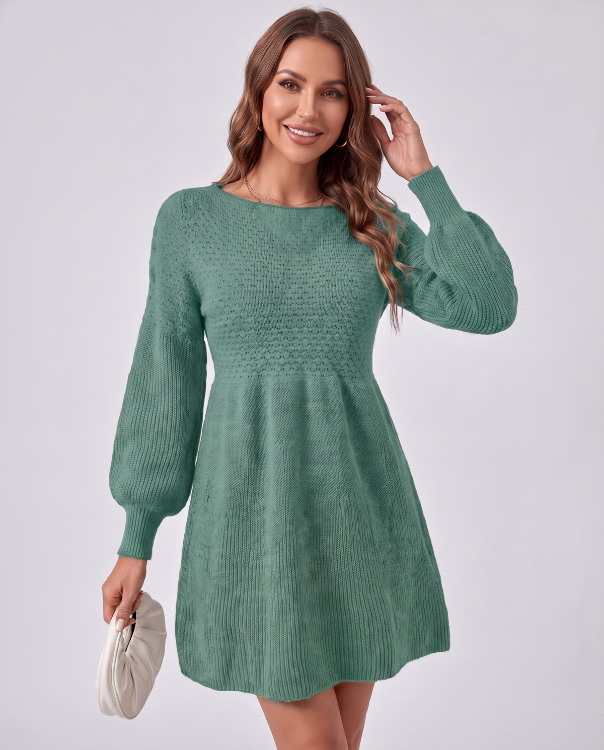 Green Soft Knit Long Lantern Sleeve Boat Neck A-Line Mini Dress | Slimona | SKU: LM-642815970384156-GREEN-L,LM-642815970384156-GREEN-M,LM-642815970384156-GREEN-S,LM-642815970384156-GREEN-XL,LM-642815970384156-GREEN-XS