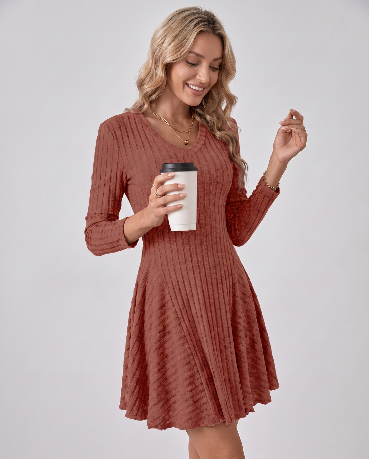 Red Ribbed Knit Long Sleeve V-Neck A-Line Mini Dress | Slimona | SKU: BS-583920471856214-RED-L,BS-583920471856214-RED-M,BS-583920471856214-RED-S,BS-583920471856214-RED-XL,BS-583920471856214-RED-XS