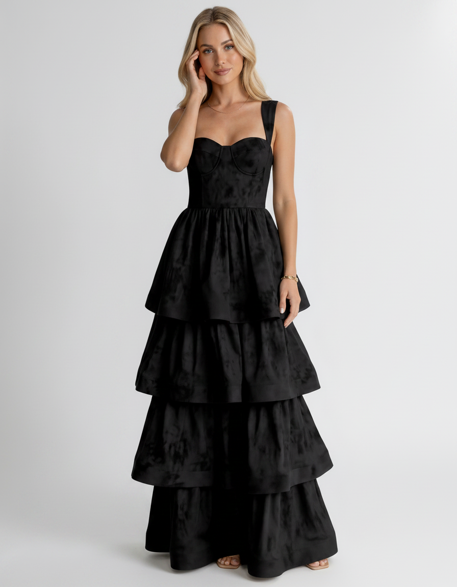 Black Jacquard Wide Strap Sweetheart Tiered Maxi Dress | Slimona | SKU: VM-842615903748251-BLACK-L,VM-842615903748251-BLACK-M,VM-842615903748251-BLACK-S,VM-842615903748251-BLACK-XL,VM-842615903748251-BLACK-XS