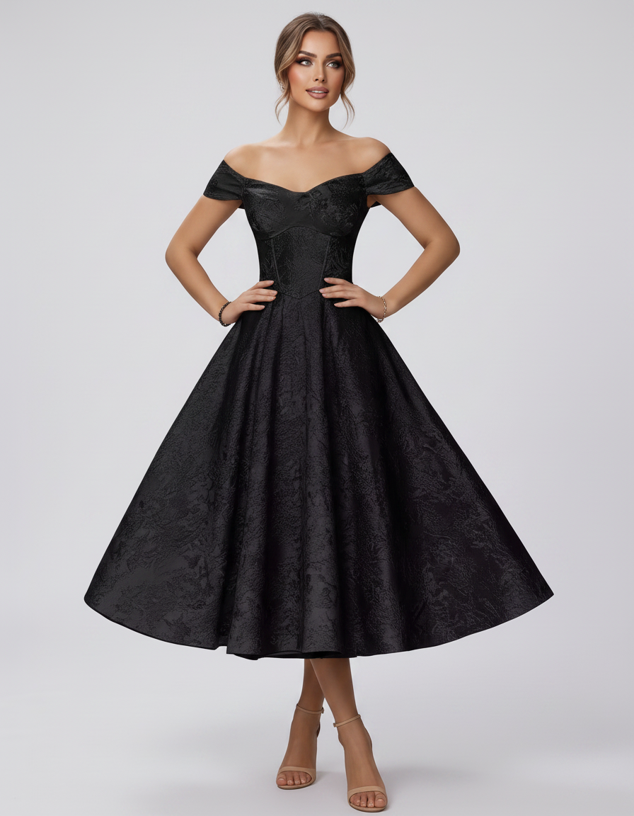 Black Jacquard Off-the-Shoulder Sweetheart A-Line Maxi Dress with Short Sleeves | Slimona | SKU: VMD-842617593084615-BLACK-L,VMD-842617593084615-BLACK-M,VMD-842617593084615-BLACK-S,VMD-842617593084615-BLACK-XL,VMD-842617593084615-BLACK-XS