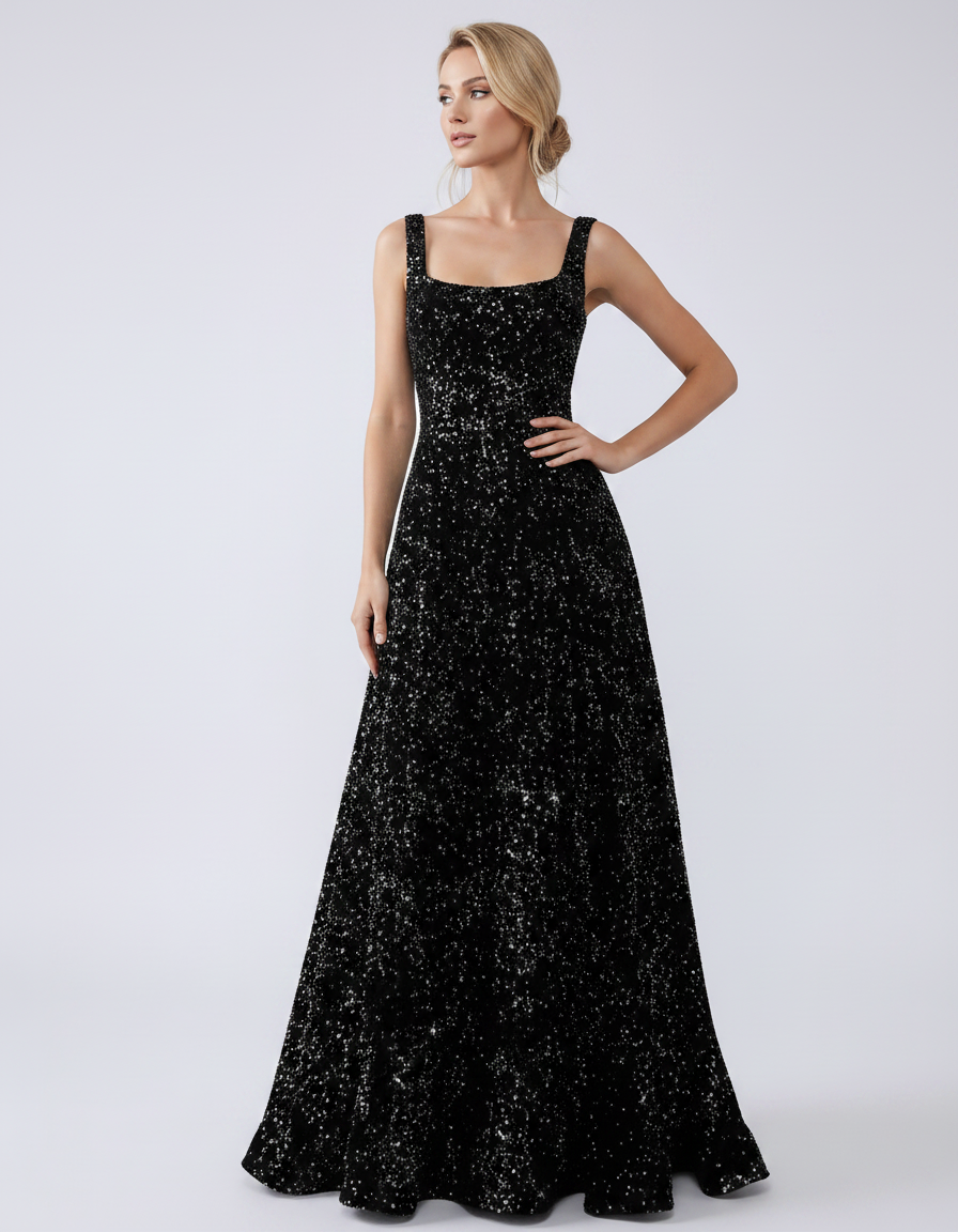 Black Sequin Sleeveless Square Neck A-Line Maxi Dress with Pockets | Slimona | SKU: LM-874651902483716-BLACK-L,LM-874651902483716-BLACK-M,LM-874651902483716-BLACK-S,LM-874651902483716-BLACK-XL,LM-874651902483716-BLACK-XS