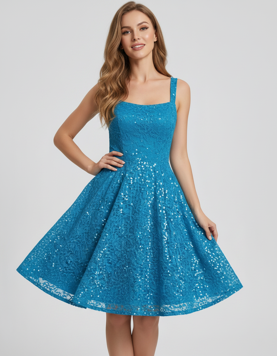 Aqua Sequin Lace Sleeveless Square Neck A-Line Mini Dress with Pockets | Slimona | SKU: LMD-583917264801573-AQUA-L,LMD-583917264801573-AQUA-M,LMD-583917264801573-AQUA-S,LMD-583917264801573-AQUA-XL,LMD-583917264801573-AQUA-XS