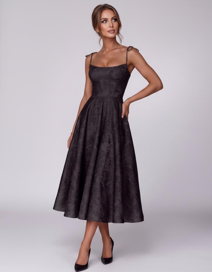 Black Jacquard Satin Sleeveless Square Neck A-Line Midi Dress with Pockets | Slimona | SKU: VMD-583941726108453-BLACK-L,VMD-583941726108453-BLACK-M,VMD-583941726108453-BLACK-S,VMD-583941726108453-BLACK-XL,VMD-583941726108453-BLACK-XS