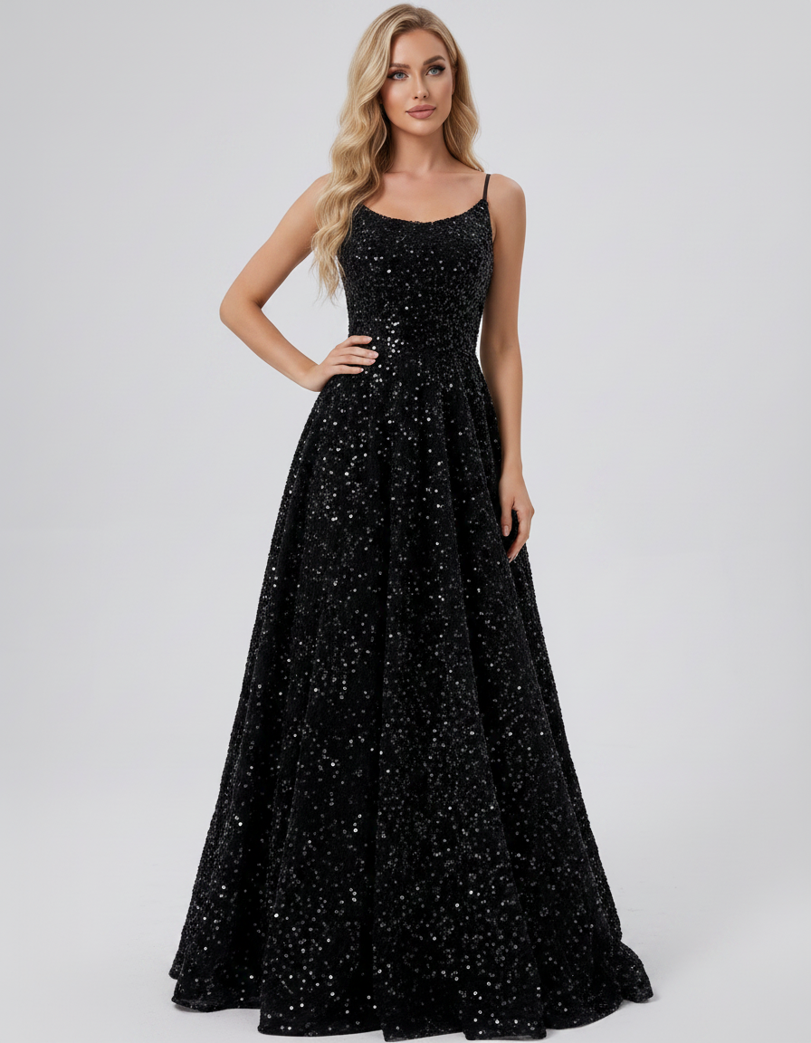 Black Sequin Velvet Spaghetti Strap Scoop Neck A-Line Maxi Dress | Slimona | SKU: CMD-483920174651382-BLACK-L,CMD-483920174651382-BLACK-M,CMD-483920174651382-BLACK-S,CMD-483920174651382-BLACK-XL,CMD-483920174651382-BLACK-XS