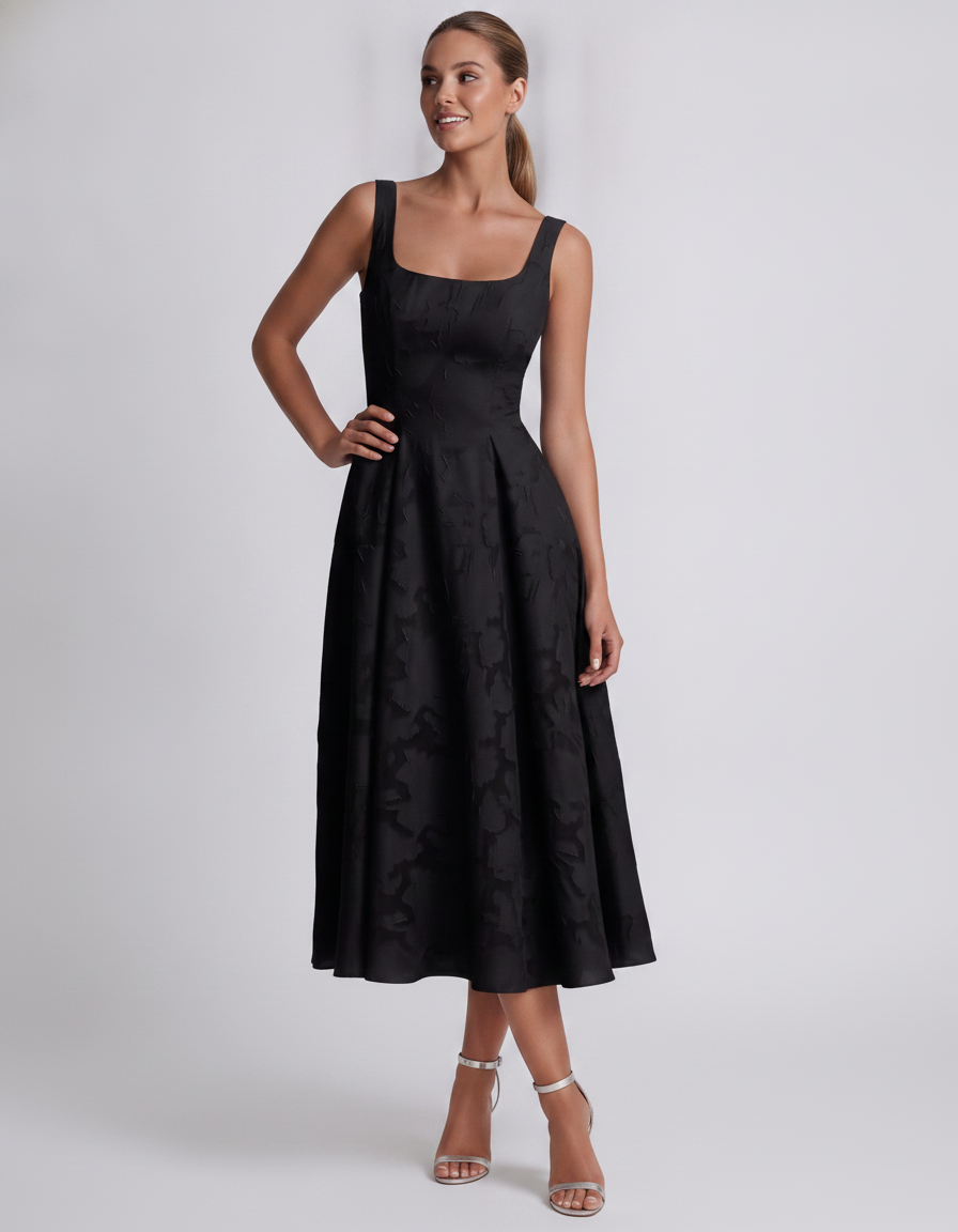 Black Floral Jacquard Sleeveless Square Neck A-Line Midi Dress | Slimona | SKU: SMD-583920174615842-BLACK-L,SMD-583920174615842-BLACK-M,SMD-583920174615842-BLACK-S,SMD-583920174615842-BLACK-XL,SMD-583920174615842-BLACK-XS