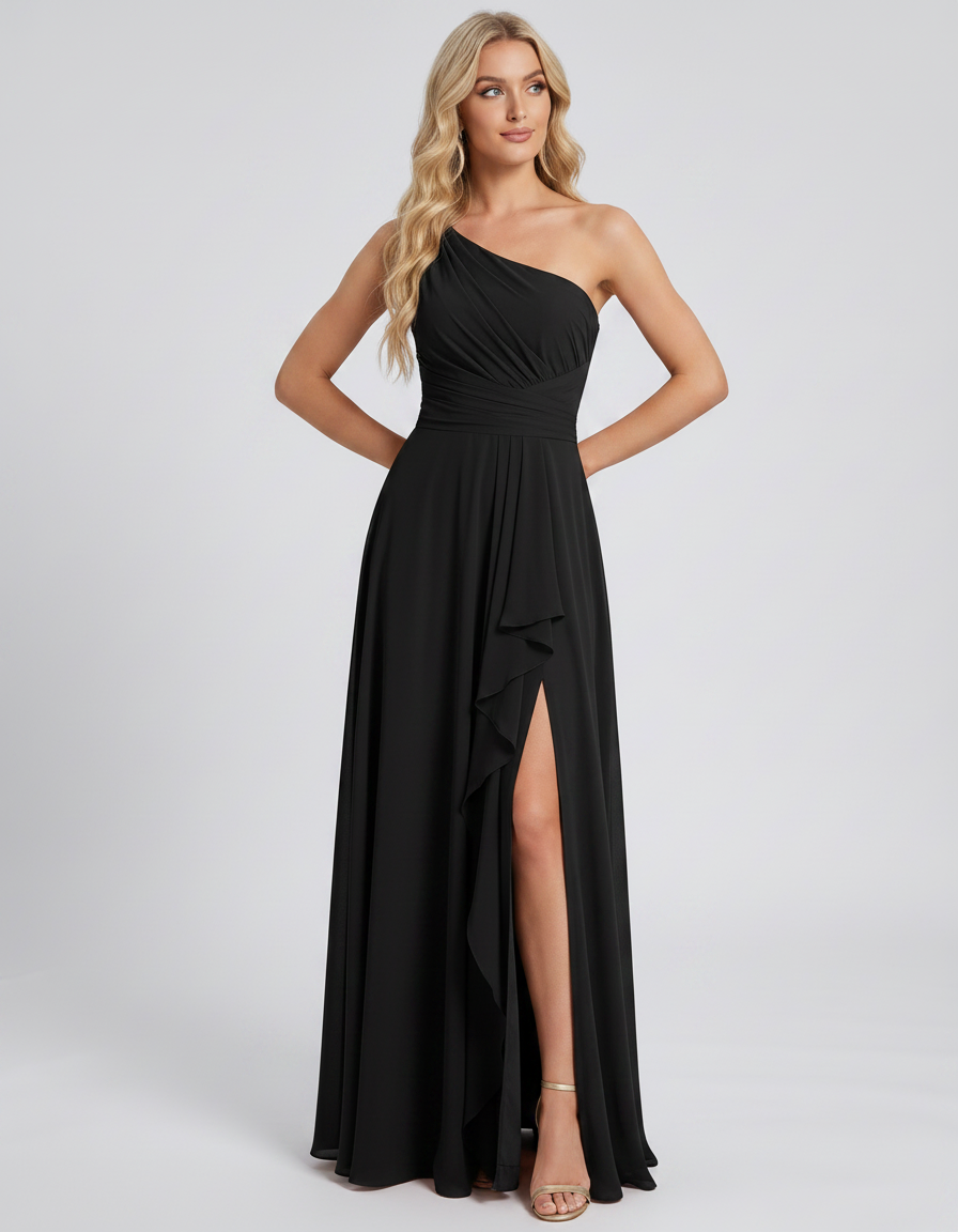 Black Chiffon Sleeveless One-Shoulder A-Line Maxi Dress | Slimona | SKU: CMD-541839267104815-BLACK-L,CMD-541839267104815-BLACK-M,CMD-541839267104815-BLACK-S,CMD-541839267104815-BLACK-XL,CMD-541839267104815-BLACK-XS