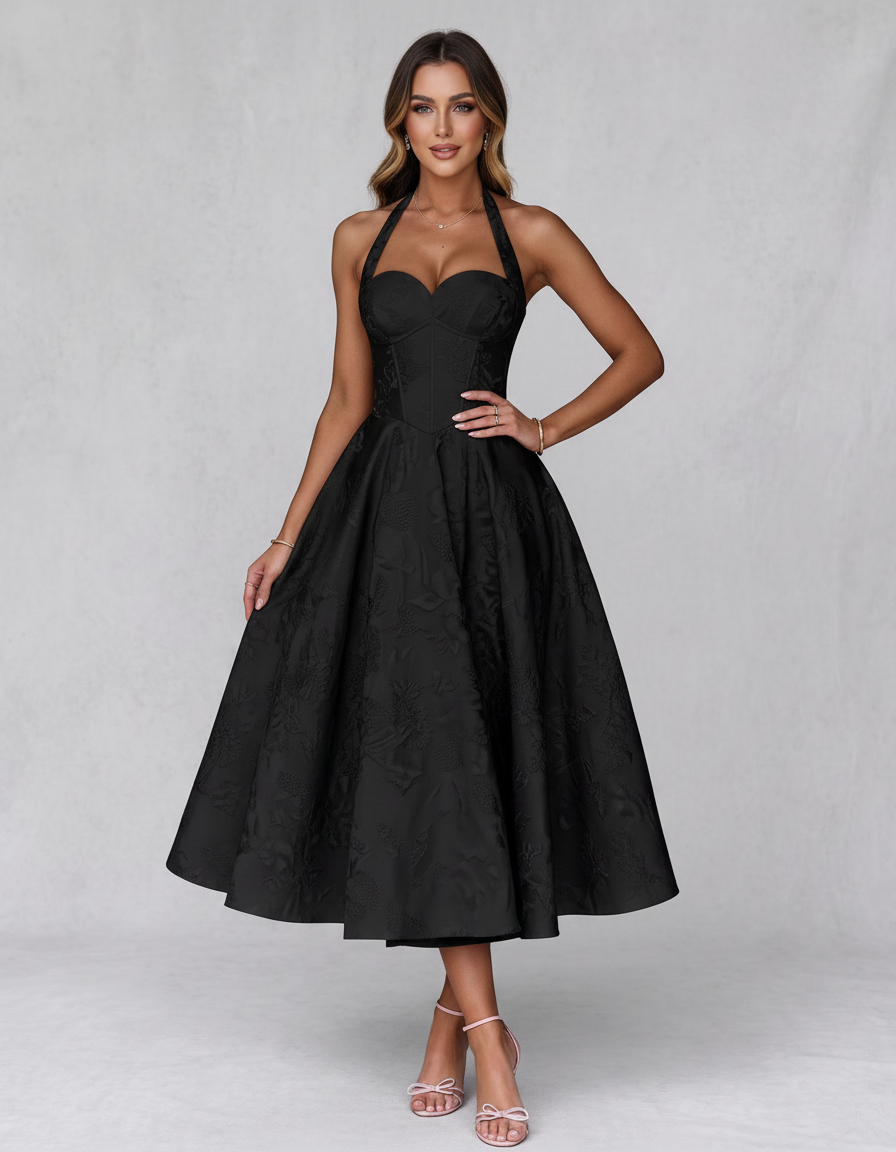 Black Jacquard Satin Sleeveless Halter Sweetheart A-Line Midi Dress | Slimona | SKU: MMD-483920174615208-BLACK-L,MMD-483920174615208-BLACK-M,MMD-483920174615208-BLACK-S,MMD-483920174615208-BLACK-XL,MMD-483920174615208-BLACK-XS