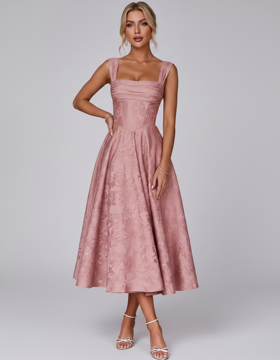 Dusty rose Floral Jacquard Satin Cap Sleeve Square Neck A-Line Midi Dress | Slimona | SKU: VMD-483920175641208-DUSTYROSE-L,VMD-483920175641208-DUSTYROSE-M,VMD-483920175641208-DUSTYROSE-S,VMD-483920175641208-DUSTYROSE-XL,VMD-483920175641208-DUSTYROSE-XS