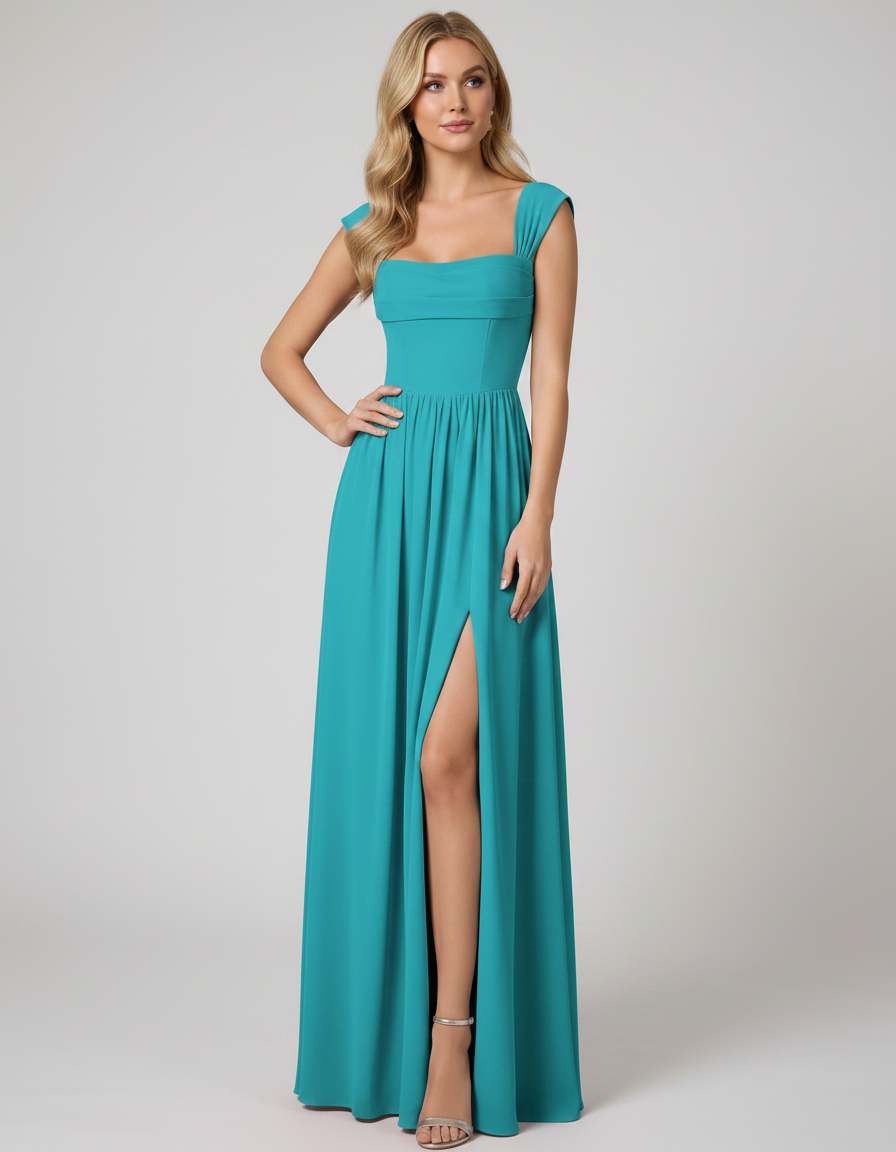 Aqua Chiffon Cap Sleeve Square Neck A-Line Maxi Dress | Slimona | SKU: CMD-482917563840157-AQUA-L,CMD-482917563840157-AQUA-M,CMD-482917563840157-AQUA-S,CMD-482917563840157-AQUA-XL,CMD-482917563840157-AQUA-XS