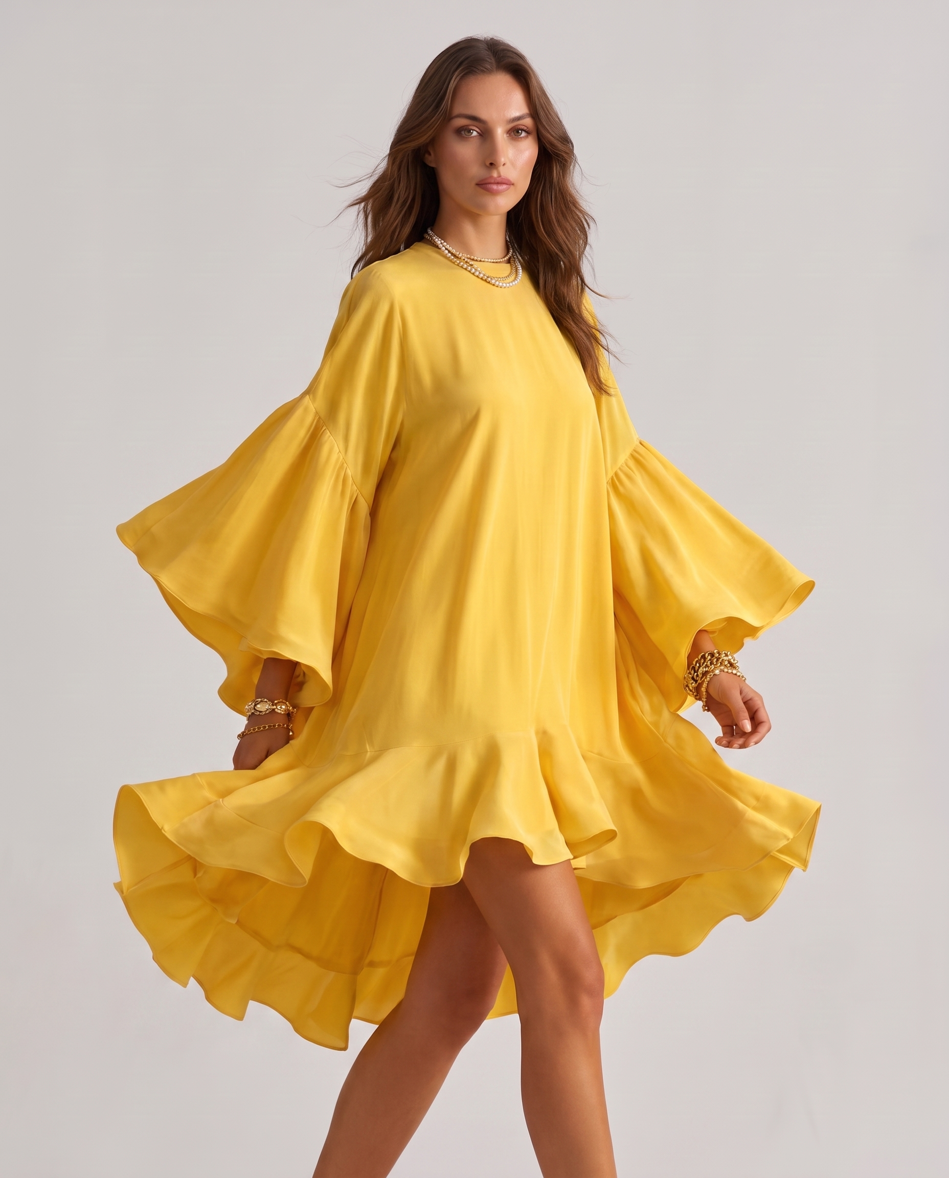 Gold Midi Dress — Loose, Ball Gown, Crew-Neck | Knee Length Cocktail Dress, Midi Wedding Guest, Summer, Formal & Homecoming | Slimona | SKU: SD-95642-gold-2XL,SD-95642-gold-L,SD-95642-gold-M,SD-95642-gold-S,SD-95642-gold-XL,SD-95642-gold-XS