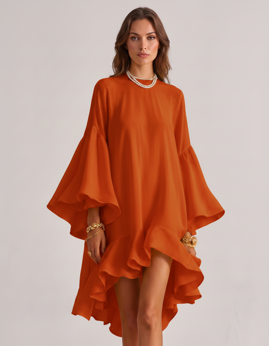 Orange Midi Dress — Loose, Ball Gown, Crew-Neck | Knee Length Cocktail Dress, Midi Wedding Guest, Summer, Formal & Homecoming | Slimona