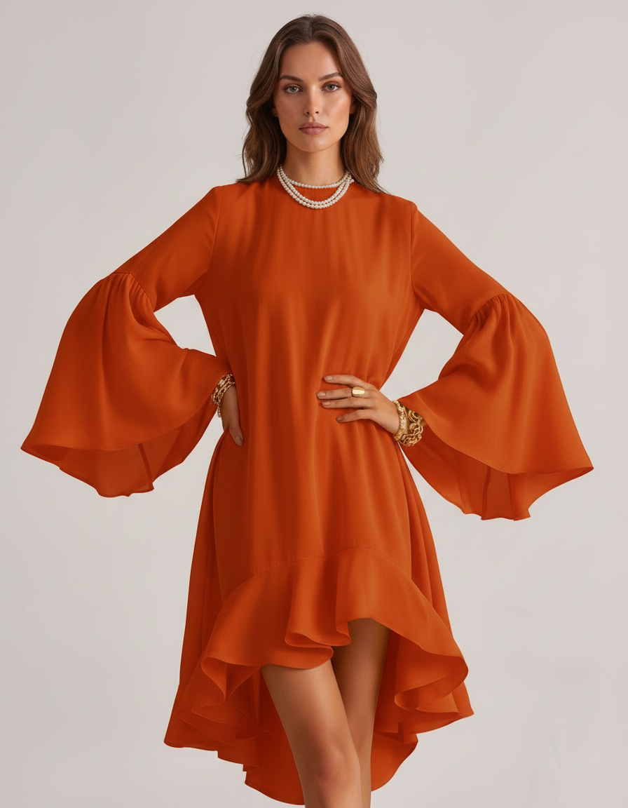 Orange Midi Dress — Loose, Ball Gown, Crew-Neck | Knee Length Cocktail Dress, Midi Wedding Guest, Summer, Formal & Homecoming | Slimona | SKU: SD-95642-orange-2XL,SD-95642-orange-L,SD-95642-orange-M,SD-95642-orange-S,SD-95642-orange-XL,SD-95642-orange-XS