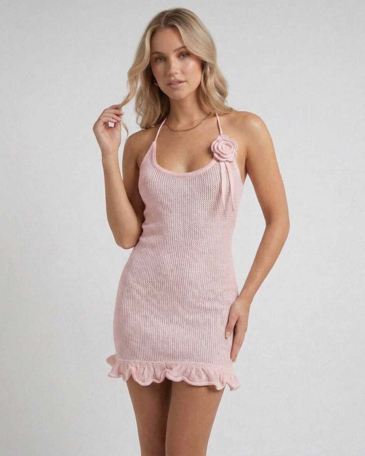 Isla Mini Dress by Lauven - Pink halter neck pleated mini dress with spaghetti straps and ruffled hem.