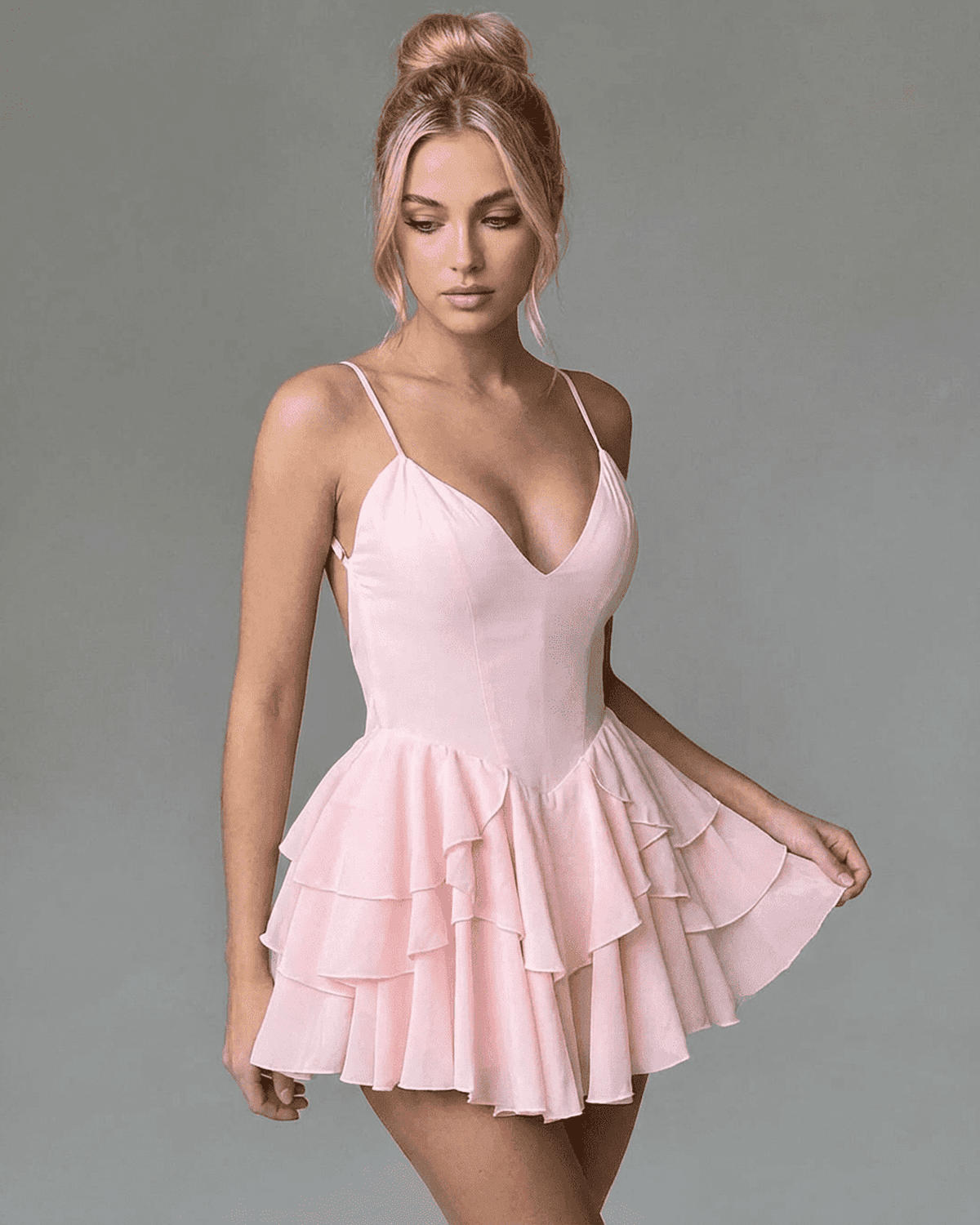 Isolde Mini Dress by SLIMONA featuring a V-neck and ruffle skirt, perfect for party wear.