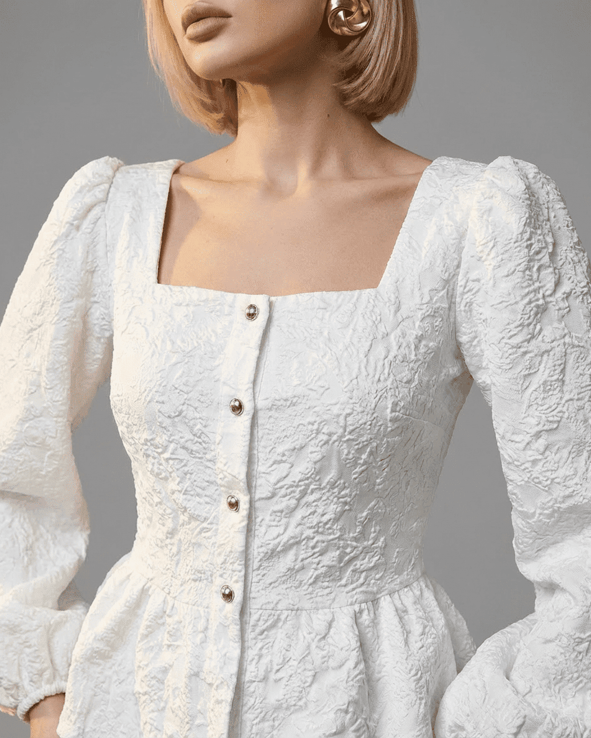 Ivory Corset Top by SLIMONA featuring a square neckline and puff sleeves in textured jacquard fabric.