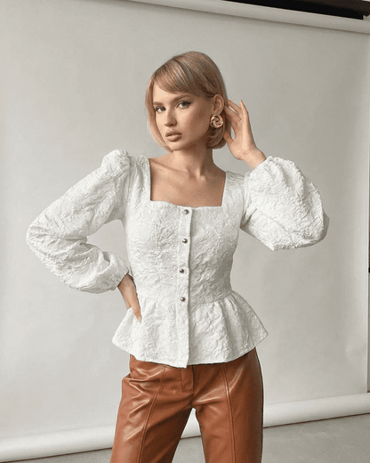 Ivory Corset Top by SLIMONA - Elegant jacquard blouse with square neck and puff sleeves, perfect for sophisticated styling.