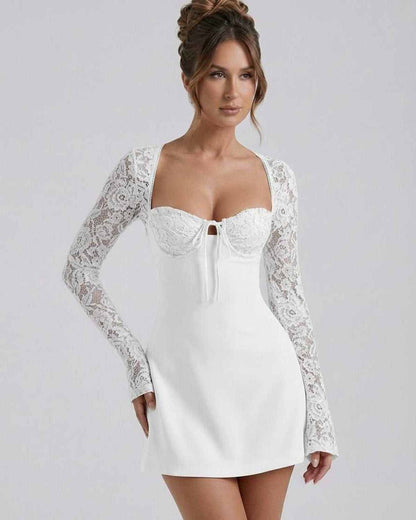 Ivory Lace Dress by Lauven featuring floral lace sleeves and fitted mini silhouette.