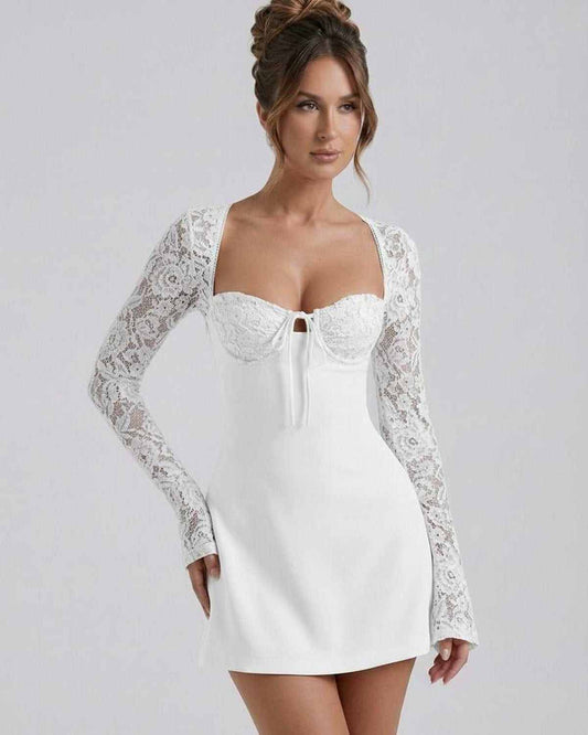Ivory Lace Dress by Lauven featuring floral lace sleeves and fitted mini silhouette.