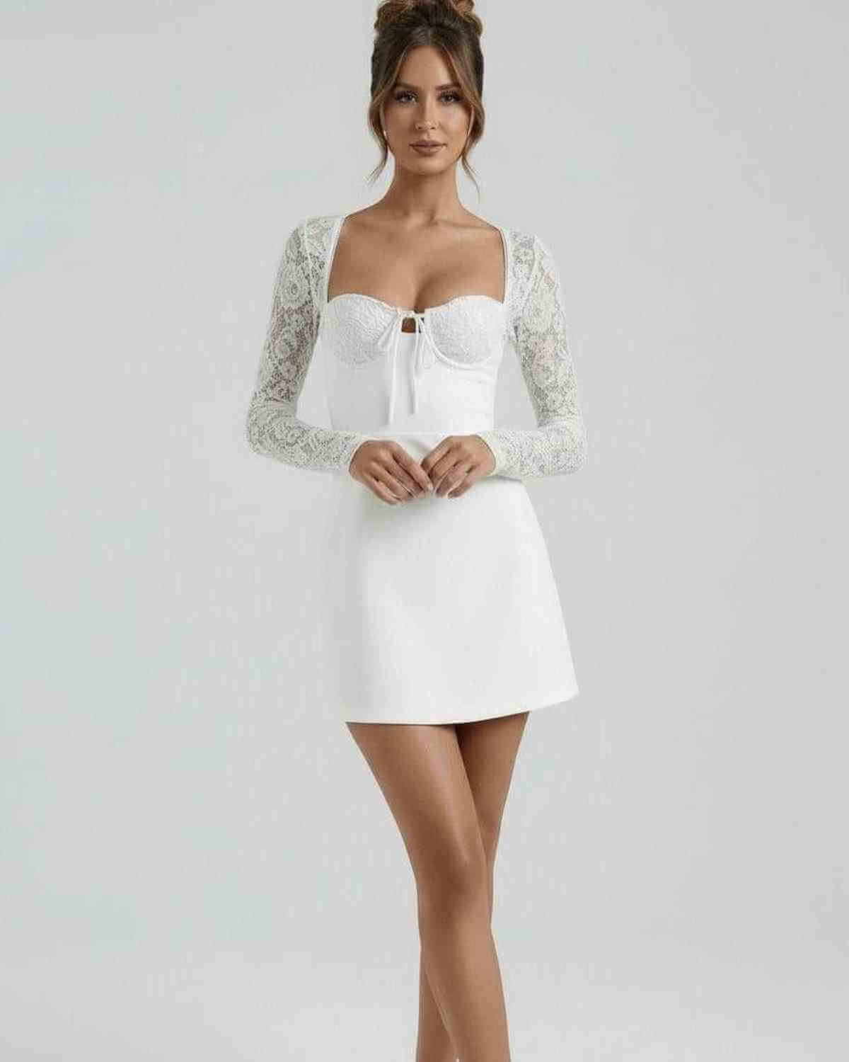 Ivory Lace Dress by Lauven - Elegant white mini dress with lace sleeves and structured bust.