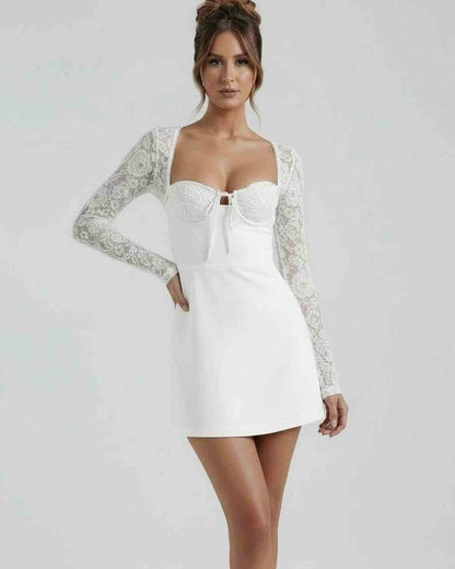 Ivory Lace Dress by Lauven, elegant white lace sleeve mini dress with fitted shape and floral lace detailing.