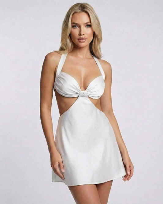 Ivory Mini Dress by Lauven featuring satin fabric, halter neck, and cut-out detail for a stylish summer look.