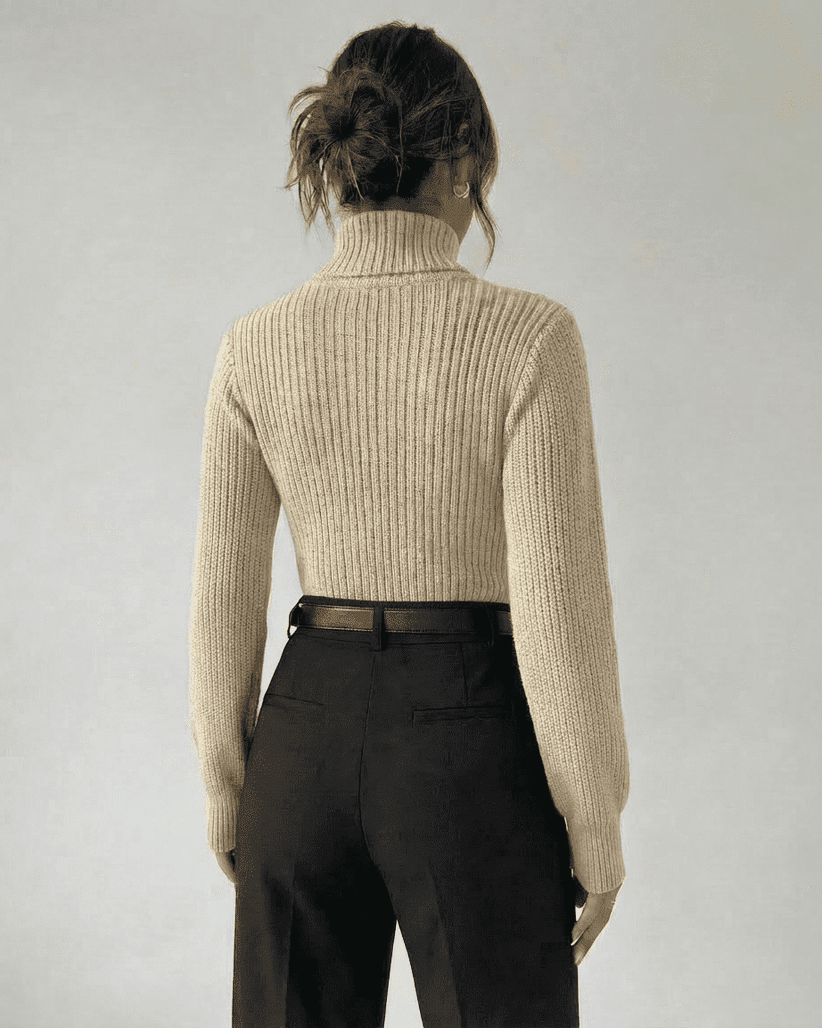 Ivory Sweater by SLIMONA – Back view of ribbed knit sweater with mock neck, perfect for fall and winter attire.