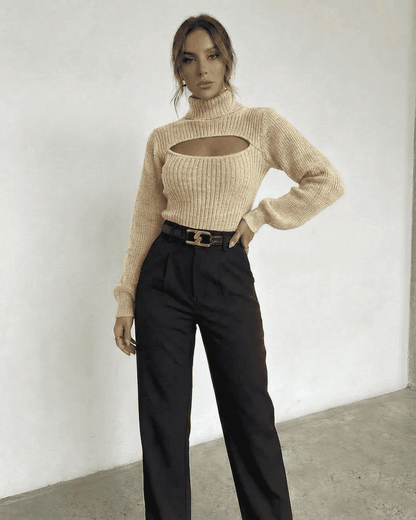 Ivory Sweater by SLIMONA featuring a mock neck and cut out detail, perfect for elegant fall and winter style.