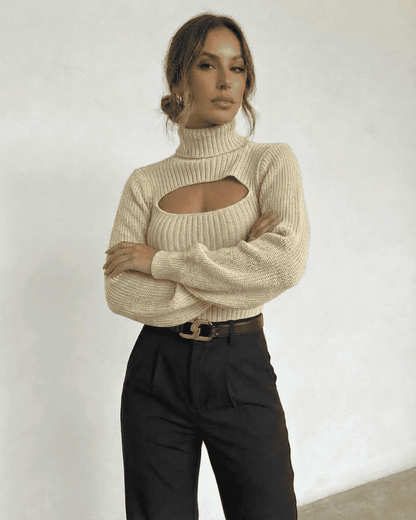 Ivory Sweater by SLIMONA featuring a mock neck and cut-out detail in a ribbed knit texture.
