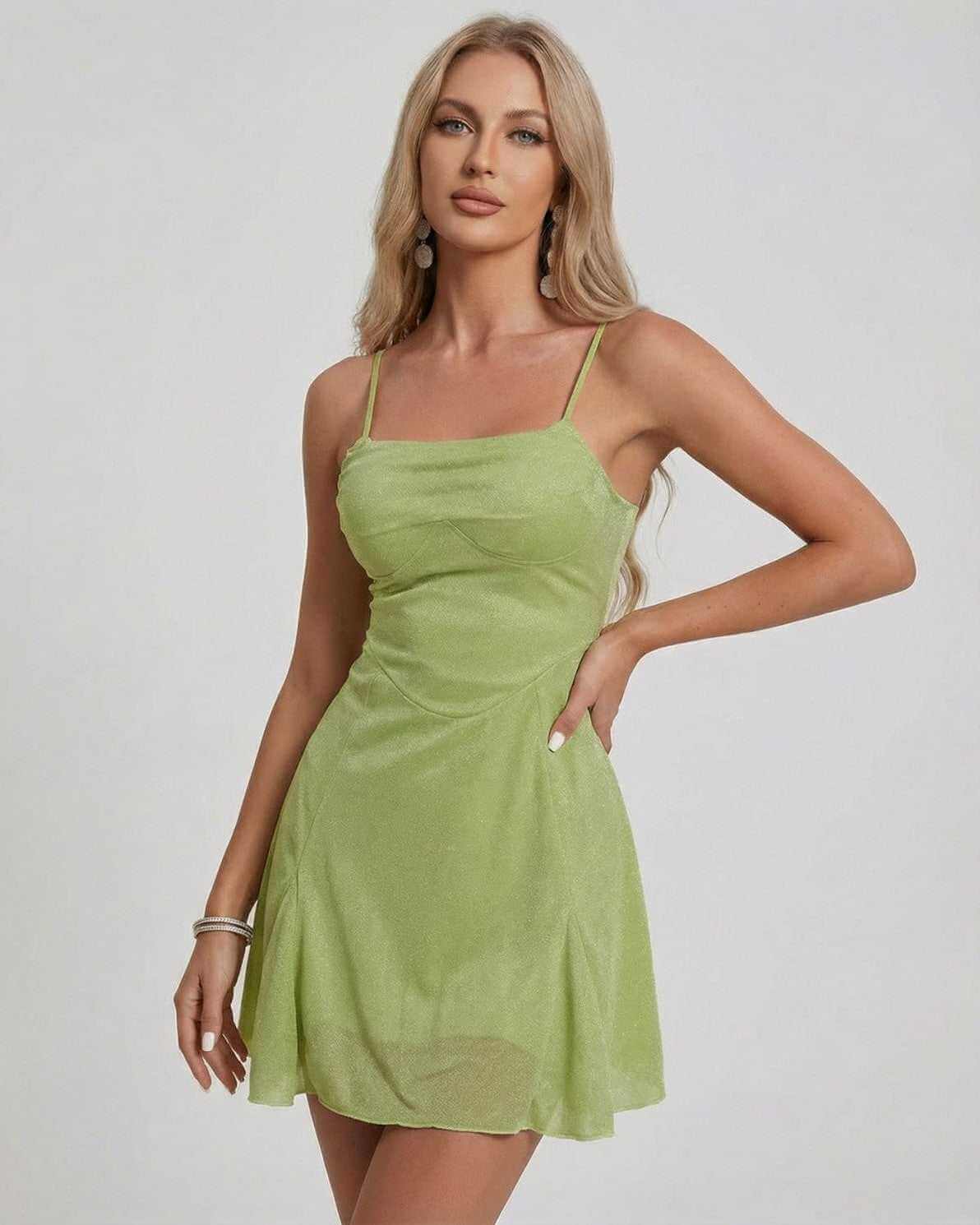 Ivy Mini Dress by Lauven, showcasing a shimmering green A-line silhouette with a square neckline.