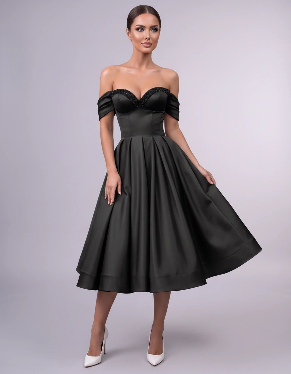 Jessamine Midi Dresses — Black | SKU: SD-30464-black-2,SD-30464-black-4,SD-30464-black-6,SD-30464-black-8,SD-30464-black-10,SD-30464-black-12,SD-30464-black-14,SD-30464-black-14W,SD-30464-black-16,SD-30464-black-16W,SD-30464-black-18W,SD-30464-black-20W