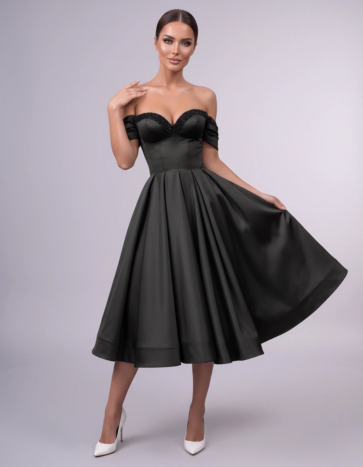 Jessamine Midi Dresses — Black | SKU: SD-30464-black-2,SD-30464-black-4,SD-30464-black-6,SD-30464-black-8,SD-30464-black-10,SD-30464-black-12,SD-30464-black-14,SD-30464-black-14W,SD-30464-black-16,SD-30464-black-16W,SD-30464-black-18W,SD-30464-black-20W