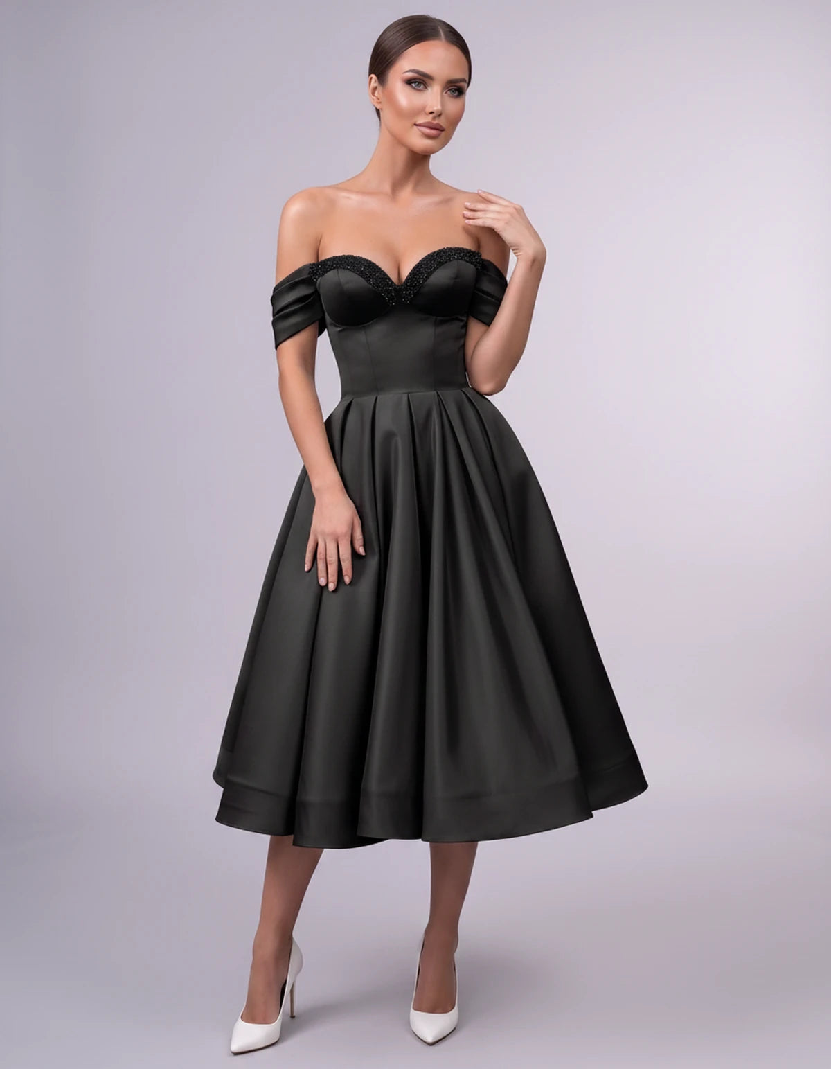 Jessamine Midi Dresses — Black | SKU: SD-30464-black-2,SD-30464-black-4,SD-30464-black-6,SD-30464-black-8,SD-30464-black-10,SD-30464-black-12,SD-30464-black-14,SD-30464-black-14W,SD-30464-black-16,SD-30464-black-16W,SD-30464-black-18W,SD-30464-black-20W