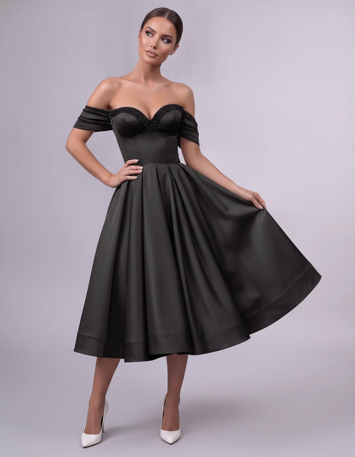 Jessamine Midi Dresses — Black | SKU: SD-30464-black-2,SD-30464-black-4,SD-30464-black-6,SD-30464-black-8,SD-30464-black-10,SD-30464-black-12,SD-30464-black-14,SD-30464-black-14W,SD-30464-black-16,SD-30464-black-16W,SD-30464-black-18W,SD-30464-black-20W