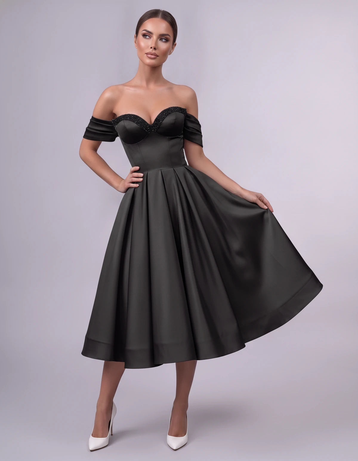 Jessamine Midi Dresses — Black | SKU: SD-30464-black-2,SD-30464-black-4,SD-30464-black-6,SD-30464-black-8,SD-30464-black-10,SD-30464-black-12,SD-30464-black-14,SD-30464-black-14W,SD-30464-black-16,SD-30464-black-16W,SD-30464-black-18W,SD-30464-black-20W