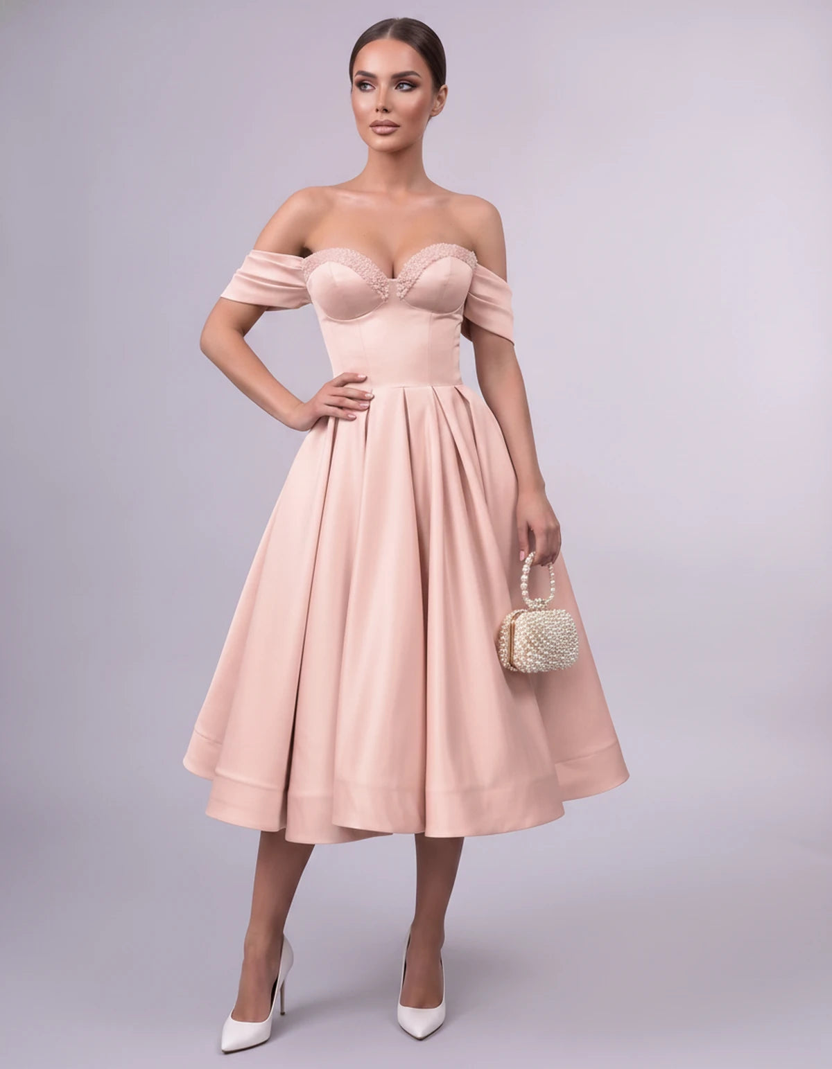 Jessamine Midi Dresses — Pearl Pink | SKU: SD-30464-pearlpink-2,SD-30464-pearlpink-4,SD-30464-pearlpink-6,SD-30464-pearlpink-8,SD-30464-pearlpink-10,SD-30464-pearlpink-12,SD-30464-pearlpink-14,SD-30464-pearlpink-14W,SD-30464-pearlpink-16,SD-30464-pearlpink-16W,SD-30464-pearlpink-18W,SD-30464-pearlpink-20W