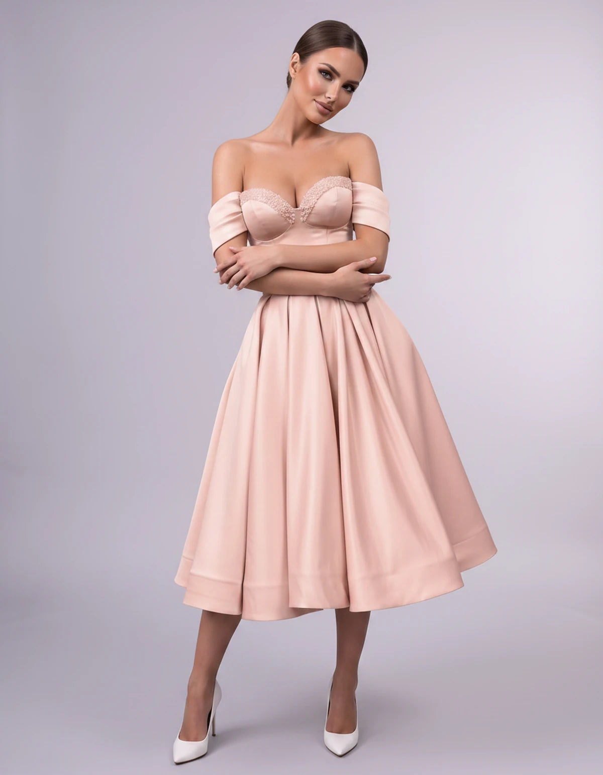 Jessamine Midi Dresses — Pearl Pink | SKU: SD-30464-pearlpink-2,SD-30464-pearlpink-4,SD-30464-pearlpink-6,SD-30464-pearlpink-8,SD-30464-pearlpink-10,SD-30464-pearlpink-12,SD-30464-pearlpink-14,SD-30464-pearlpink-14W,SD-30464-pearlpink-16,SD-30464-pearlpink-16W,SD-30464-pearlpink-18W,SD-30464-pearlpink-20W