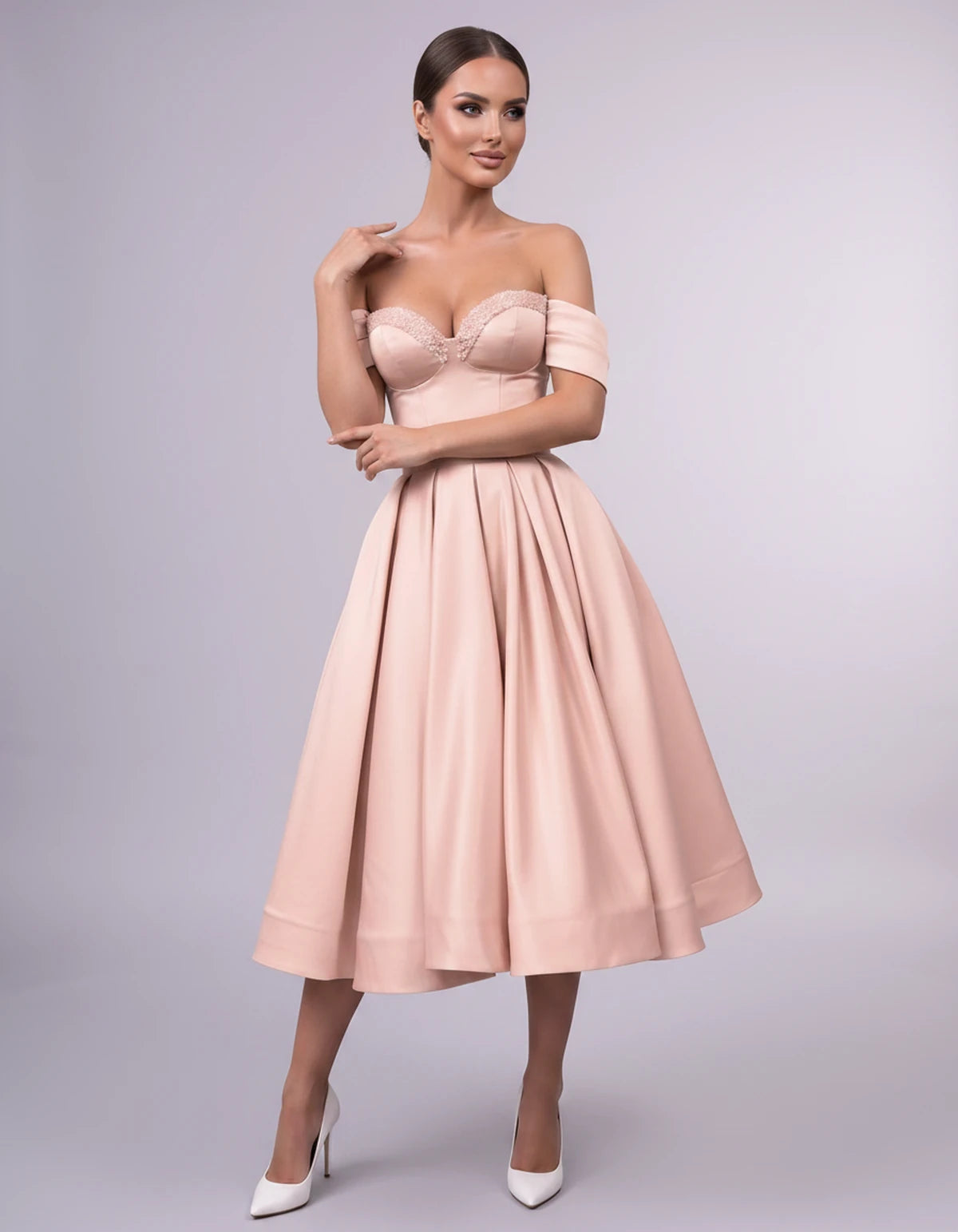 Jessamine Midi Dresses — Pearl Pink | SKU: SD-30464-pearlpink-2,SD-30464-pearlpink-4,SD-30464-pearlpink-6,SD-30464-pearlpink-8,SD-30464-pearlpink-10,SD-30464-pearlpink-12,SD-30464-pearlpink-14,SD-30464-pearlpink-14W,SD-30464-pearlpink-16,SD-30464-pearlpink-16W,SD-30464-pearlpink-18W,SD-30464-pearlpink-20W