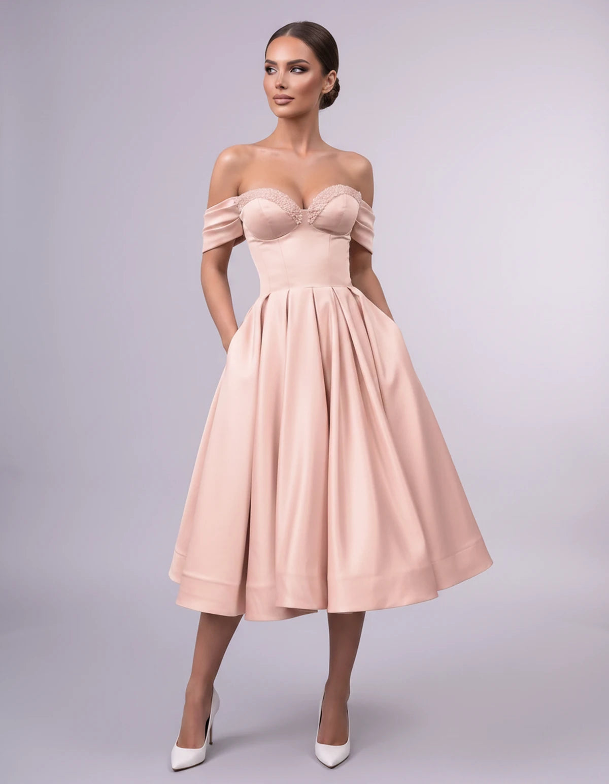 Jessamine Midi Dresses — Pearl Pink | SKU: SD-30464-pearlpink-2,SD-30464-pearlpink-4,SD-30464-pearlpink-6,SD-30464-pearlpink-8,SD-30464-pearlpink-10,SD-30464-pearlpink-12,SD-30464-pearlpink-14,SD-30464-pearlpink-14W,SD-30464-pearlpink-16,SD-30464-pearlpink-16W,SD-30464-pearlpink-18W,SD-30464-pearlpink-20W