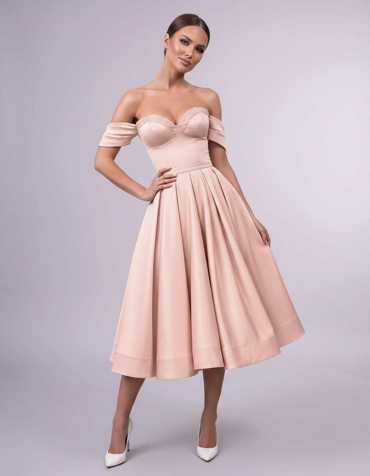Jessamine Midi Dresses — Pearl Pink | SKU: SD-30464-pearlpink-2,SD-30464-pearlpink-4,SD-30464-pearlpink-6,SD-30464-pearlpink-8,SD-30464-pearlpink-10,SD-30464-pearlpink-12,SD-30464-pearlpink-14,SD-30464-pearlpink-14W,SD-30464-pearlpink-16,SD-30464-pearlpink-16W,SD-30464-pearlpink-18W,SD-30464-pearlpink-20W