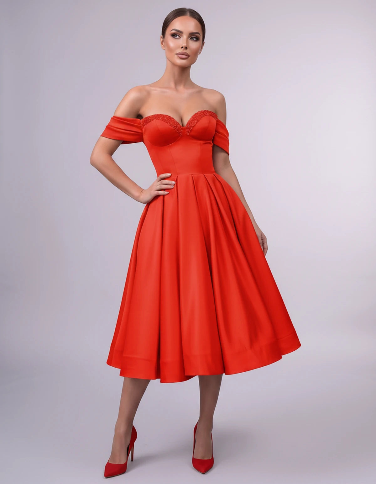 Jessamine Midi Dresses — Red | SKU: SD-30464-red-2,SD-30464-red-4,SD-30464-red-6,SD-30464-red-8,SD-30464-red-10,SD-30464-red-12,SD-30464-red-14,SD-30464-red-14W,SD-30464-red-16,SD-30464-red-16W,SD-30464-red-18W,SD-30464-red-20W