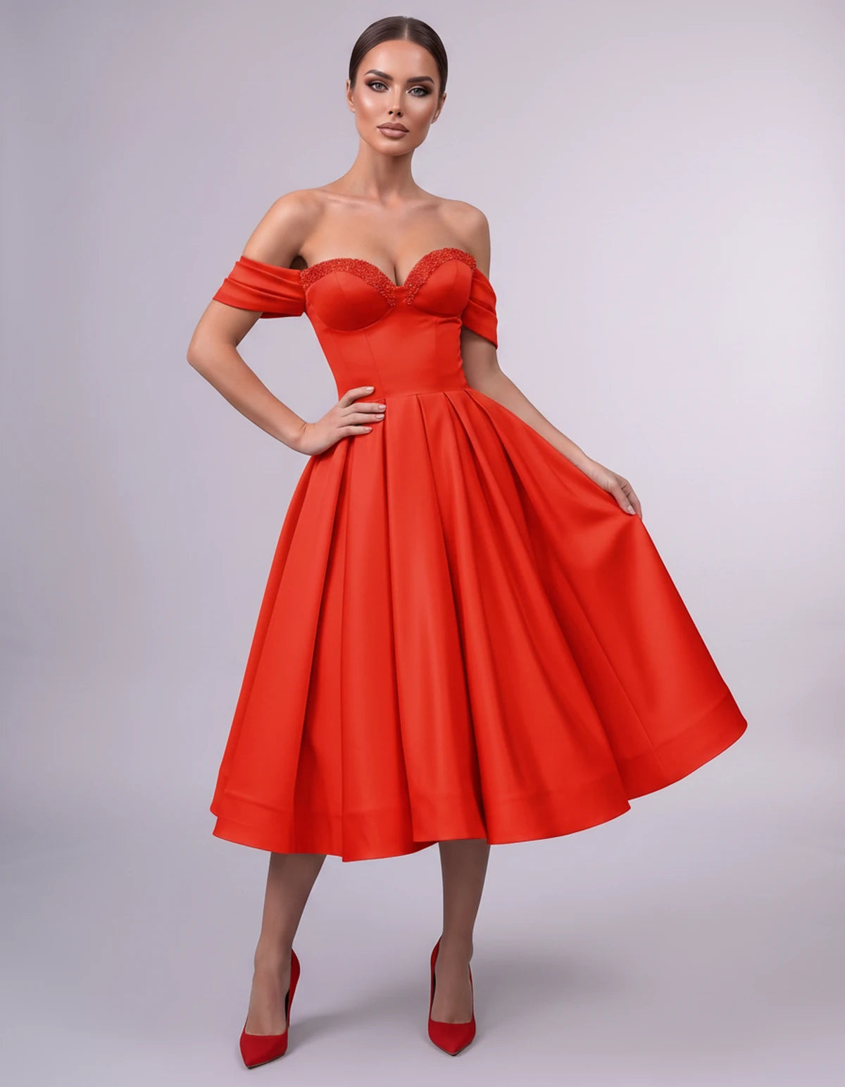 Jessamine Midi Dresses — Red | SKU: SD-30464-red-2,SD-30464-red-4,SD-30464-red-6,SD-30464-red-8,SD-30464-red-10,SD-30464-red-12,SD-30464-red-14,SD-30464-red-14W,SD-30464-red-16,SD-30464-red-16W,SD-30464-red-18W,SD-30464-red-20W